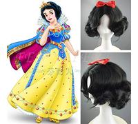 Princesse blanche neige perruque noire cheveux bouclés perruque ondulée courte Cosplay Halloween jeu de rôle avec nœud papillon + bonnet de perruque