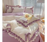 Princesse Dentelle Volants 4 Pièces Noeud Literie Set Chic Ébouriffé Housse De Couette avec Lovely Bow Housse De Couette De Style Princesse avec 2 Taies D’Oreiller 1 Drap, Purple, Twin XL