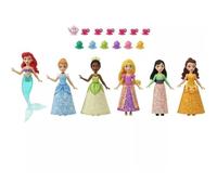 Mattel Princesses Disney Coffret 6 mini-poupées articulées avec Tiana, Cendrillon, Mulan, Belle, Raiponce et Ariel, habillage scintillant et 13 accessoires, Jouet Enfant, Dès 3 ans, HLW91