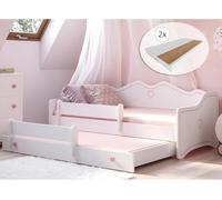 Lit enfant 2en1 80x160 avec lit gigogne - 2 matelas inclus - Structure de lit enfant - Canapé-lit - Blanc et Rose