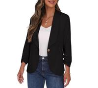 PrinStory Blazer pour femme, col à revers, manches 3/4, froncées, veste de costume, cardigan à un bouton, blazer court, tenue décontractée pour le bureau