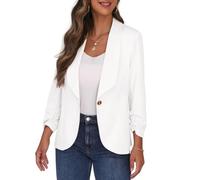 PrinStory Blazer pour femme, col à revers, manches 3/4, froncées, veste de costume, cardigan à un bouton, blazer court, tenue décontractée pour le bureau