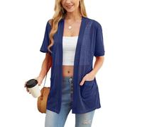 PrinStory Cardigan d'été léger à manches courtes pour femme avec poche décontractée ouverte sur le devant et col en V, Bleu marine., L