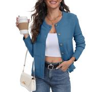 PrinStory - Cardigan pour femme, tricot britannique, manches longues, boutonné, pull ouvert sur le devant, tricot élégant, manteau d'extérieur, bleu, S