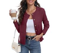 PrinStory - Cardigan pour femme, tricot britannique, manches longues, boutonné, pull ouvert sur le devant, tricot élégant pour l'extérieur, rouge vin, L