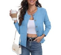 PrinStory - Cardigan pour femme, tricot britannique, manches longues, boutonné - Pull ouvert sur le devant, élégant, bleu clair, XXL