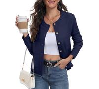 PrinStory - Cardigan pour femme, tricot britannique, manches longues, boutonné, pull ouvert sur le devant, tricot élégant pour l'extérieur, bleu marine, M