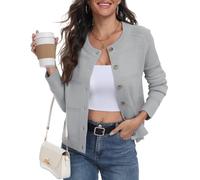 PrinStory - Cardigan pour femme, tricot britannique, manches longues, pull boutonné, ouvert sur le devant, tricot élégant pour l'extérieur, gris, L