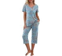 PrinStory Ensemble de pyjama à manches courtes et pantalon capri pour femme avec poches, Imprimé mandala bleu, M