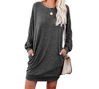 PrinStory Mini robe pull d'hiver à manches longues pour femme - Style décontracté - Ample - Tricot - Tunique - Robe basique avec poches latérales, Aa Gris foncé, M