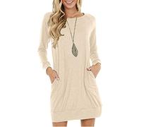 PrinStory Mini robe pull d'hiver à manches longues pour femme - Style décontracté - Ample - Tricot - Tunique - Robe basique avec poches latérales, beige, L