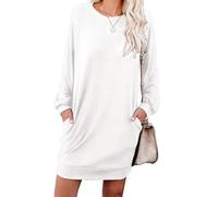 PrinStory Mini robe pull d'hiver à manches longues pour femme - Style décontracté - Ample - Tricot - Tunique - Robe basique avec poches latérales, Aa Blanc, M