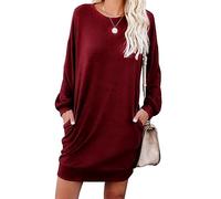 PrinStory Mini robe pull d'hiver à manches longues pour femme - Style décontracté - Ample - Tricot - Tunique - Robe basique avec poches latérales, Aa Wine Red, L