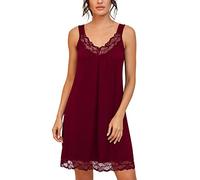 PrinStory Nuisette ample en dentelle pour femme, chemise de nuit en jersey de coton, lingerie, rouge vin, XXL