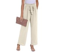 PrinStory Pantalon à jambe large pour femme, léger, taille élastiquée, pantalon d'été avec poches, pantalon décontracté pour le travail, beige, S