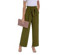 PrinStory Pantalon à jambe large pour femme, léger, taille élastiquée, pantalon d'été avec poches, pantalon décontracté pour le travail, vert militaire, M
