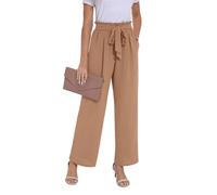 PrinStory Pantalon à jambe large pour femme, léger, taille élastiquée, pantalon d'été avec poches, pantalon décontracté pour le travail, kaki, L