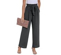 PrinStory Pantalon à jambe large pour femme, léger, taille élastiquée, pantalon d'été avec poches, pantalon décontracté pour le travail, gris foncé, XL