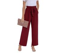 PrinStory Pantalon à jambe large pour femme, léger, taille élastiquée, pantalon d'été avec poches, pantalon décontracté pour le travail, rouge vin, XL