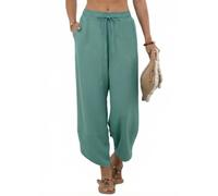 PrinStory Pantalon à jambe large pour femme UK été - Pantalon léger taille élastique, aqua vert, XL