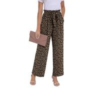 PrinStory Pantalon d'été à jambes larges, léger, taille élastique, avec poches, pantalon de travail décontracté, Léopard kaki foncé, S