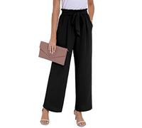PrinStory Pantalon d'été léger à jambe large avec poches et taille élastique pour femme, Noir , M