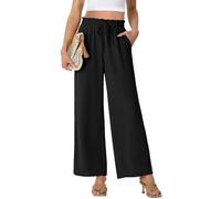 PrinStory Pantalon d'été léger à jambes larges pour femme - Pantalon Palazzo avec cordon de serrage - Taille haute - Pantalon droit décontracté, Noir , L