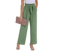 PrinStory Pantalon d'été léger avec poches pour femme - Jambe large - Taille élastique, vert gazon, M