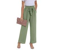 PrinStory Pantalon d'été pour femme avec jambes larges, taille élastique légère avec poches, pantalon de travail causal, Vert pâle, XXL