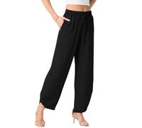 PrinStory Pantalon d'été pour femme - Taille élastique - Pantalon large - Taille haute - Palazzo - Avec poches, Noir , XL