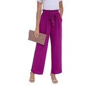 PrinStory Pantalon Femme à Jambes Larges Léger Taille Élastique Pantalon d'Été avec Poches Pantalon de Travail Décontracté, magenta, M