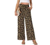 PrinStory Pantalon palazzo léger à jambe large pour femme, taille haute, ample, décontracté, droit, d'été, Léopard kaki, S