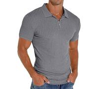 PrinStory Polo à manches courtes pour homme - Avec fermeture éclair - Pour le golf, les loisirs - Stretch - Coupe ajustée, gris foncé, S