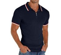 PrinStory Polo à manches courtes pour homme - Avec fermeture éclair - Pour le golf, les loisirs - Stretch - Coupe ajustée, Zs bleu marine, L