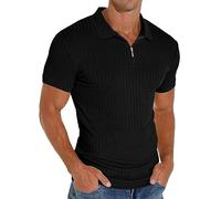 PrinStory Polo à manches courtes pour homme - Avec fermeture éclair - Pour le golf, les loisirs - Stretch - Coupe ajustée, Noir , S