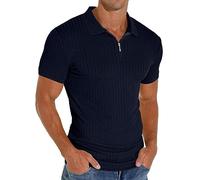 PrinStory Polo à manches courtes pour homme - Avec fermeture éclair - Pour le golf, les loisirs - Stretch - Coupe ajustée, bleu marine, S