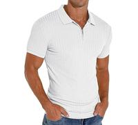 PrinStory Polo à manches courtes pour homme - Avec fermeture éclair - Pour le golf, les loisirs - Stretch - Coupe ajustée, Blanc., M