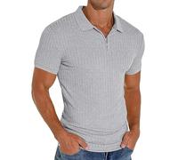 PrinStory Polo à manches courtes pour homme - Avec fermeture éclair - Pour le golf, les loisirs - Stretch - Coupe ajustée, gris, S