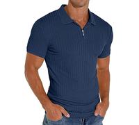 PrinStory Polo à manches courtes pour homme - Avec fermeture éclair - Pour le golf, les loisirs - Stretch - Coupe ajustée, bleu, S