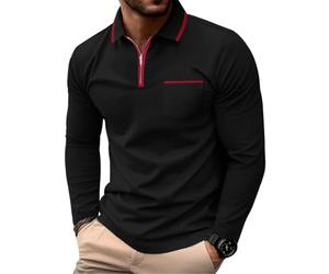 PrinStory Polo à manches longues pour homme avec fermeture éclair 1/4 - En coton - Style décontracté - Avec poches, Noir , L