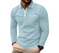 PrinStory Polo de golf pour homme à manches longues avec fermeture à quart de zip - Polos de tennis décontractuels en coton avec poches, bleu ciel, L