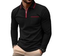 PrinStory Polo de golf pour homme à manches longues avec fermeture éclair quart de tour - Polos de tennis décontractuels en coton avec poches, Noir , M
