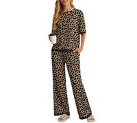 PrinStory Pyjama pour femme - Haut à manches courtes et col rond - Pantalon large, Fp-Léopard Kaki, M