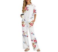 PrinStory Pyjama pour femme - Haut à manches courtes et col rond - Pantalon large, Fp-rose blanc, L
