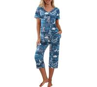 PrinStory Pyjama pour femme - T-shirt à manches courtes et pantalon de pyjama long, Bonne nuit bleu, XL
