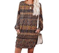 PrinStory Robe pull à manches longues pour femme, mini robes décontractées et amples en tricot, tunique basique, avec poches latérales, Fleur ronde marron, XL