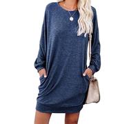 PrinStory Robe pull pour femme, manches longues, mini robe d'hiver décontractée, tricot lâche, pullover, tunique, top basique avec poches latérales, XL