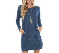 PrinStory Robe pull pour femme, manches longues, mini robe d'hiver décontractée, tricot lâche, pullover, tunique, top basique avec poches latérales, L