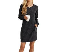 PrinStory Robe pull pour femme - Robe décontractée - Col rond - Avec poches latérales, gris foncé, XL