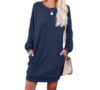 PrinStory Robe pull pour femme, robe décontractée, col rond, robe sweat avec poches, bleu foncé, XL